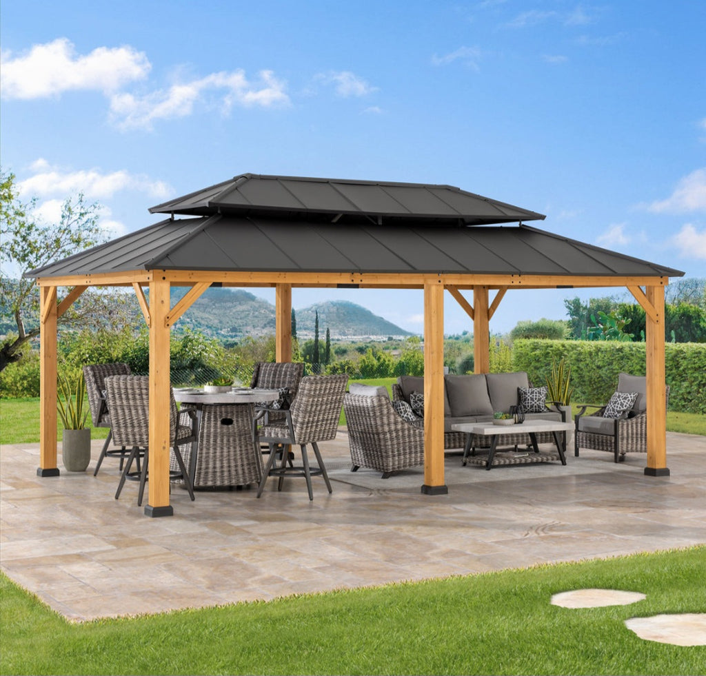 Sunjoy 12 ft. x 20 ft. Cedar Framed Gazebo with Steel Hardtop Outdoor Patio Natural Finish Brown Roof
