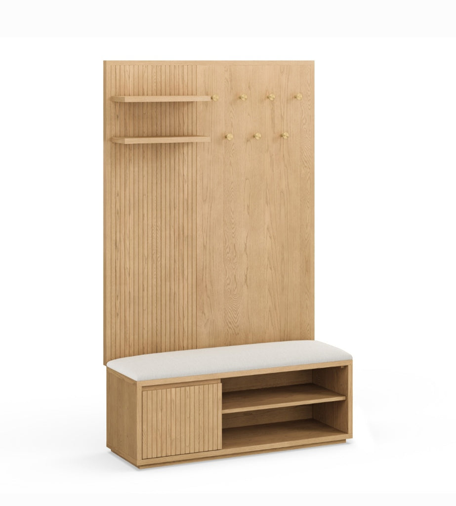47" Oak Wood Entry Storage Bench Set With Wall Panel Quality Cabinet Shelf Storage New Gray