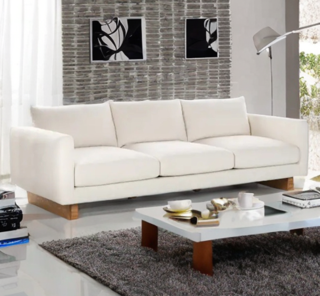 92" Designer Coastal Modern Sofa Couch Solid Wood Base Quality Furniture Ivory Solid and Durable