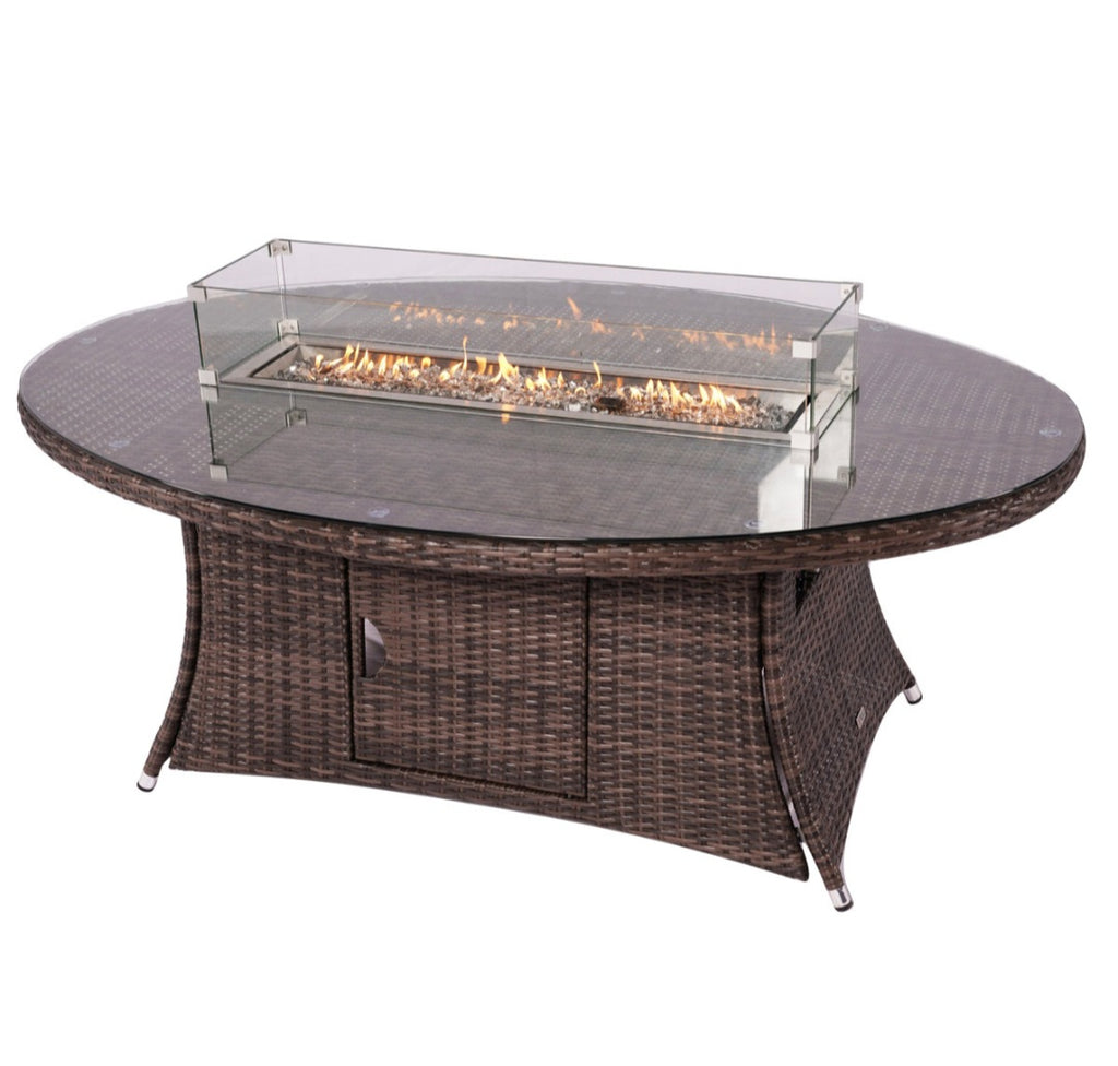 Oval All Weather Rattan Wicker & Aluminum Propane Fire Pit Dining Table Outdoor Patio New In Box