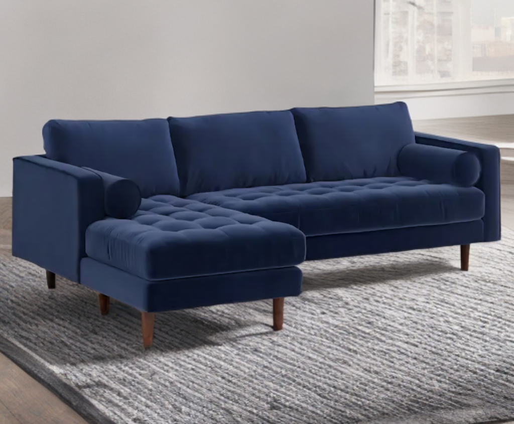 100" Royal Blue Velvet Mid Century Modern Sofa Sectional Couch With Chaise Designer Furniture Durable New Left Orientation