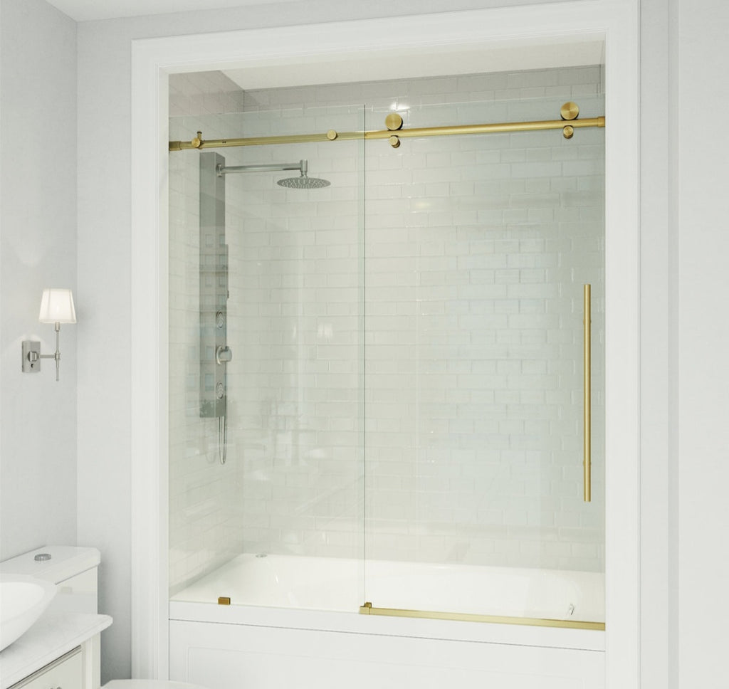 Vigo 56" to 60" x 66" Sliding Frameless Bath Tub Glass Shower Door Gold Finished Hardware New In Box