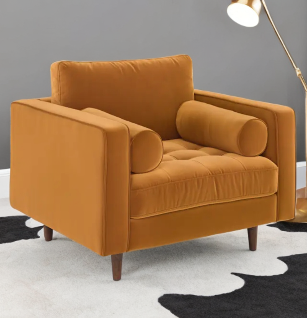 Mid Century Modern Tufted Upholstered Ginger Velvet Extra Wide Arm Chair Deep Seat Plush New With Bolster Pillows