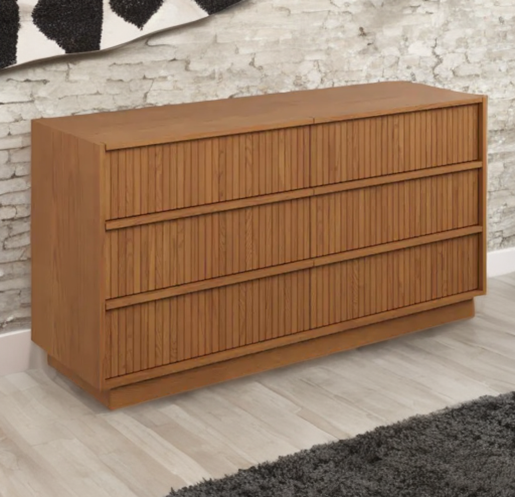 61" 6 Drawer Double Dresser Chest Smoked Oak Finish Designer Mid Century Modern Quality New Ample Storage