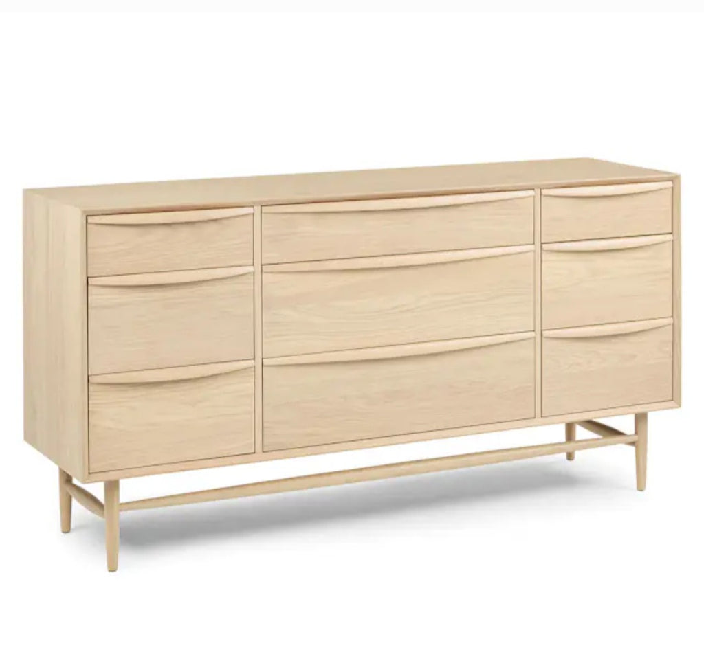 70.5" Wide 9 Drawer Double Dresser Chest White Oak Finish Designer Mid Century Modern Quality New Ample Storage
