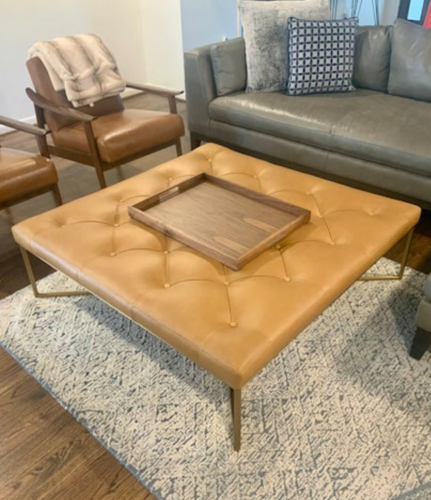 47" Charme Tan Top Grain Leather Ottoman Footstool Coffee Table Designer Plush New Quality Mid Century Modern