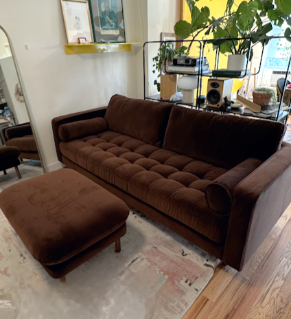 88" Upholstered Velvet Sofa Couch Tufted Detail Quality Plush Mid Century Modern Pacific Brown New With Bolster Pillows