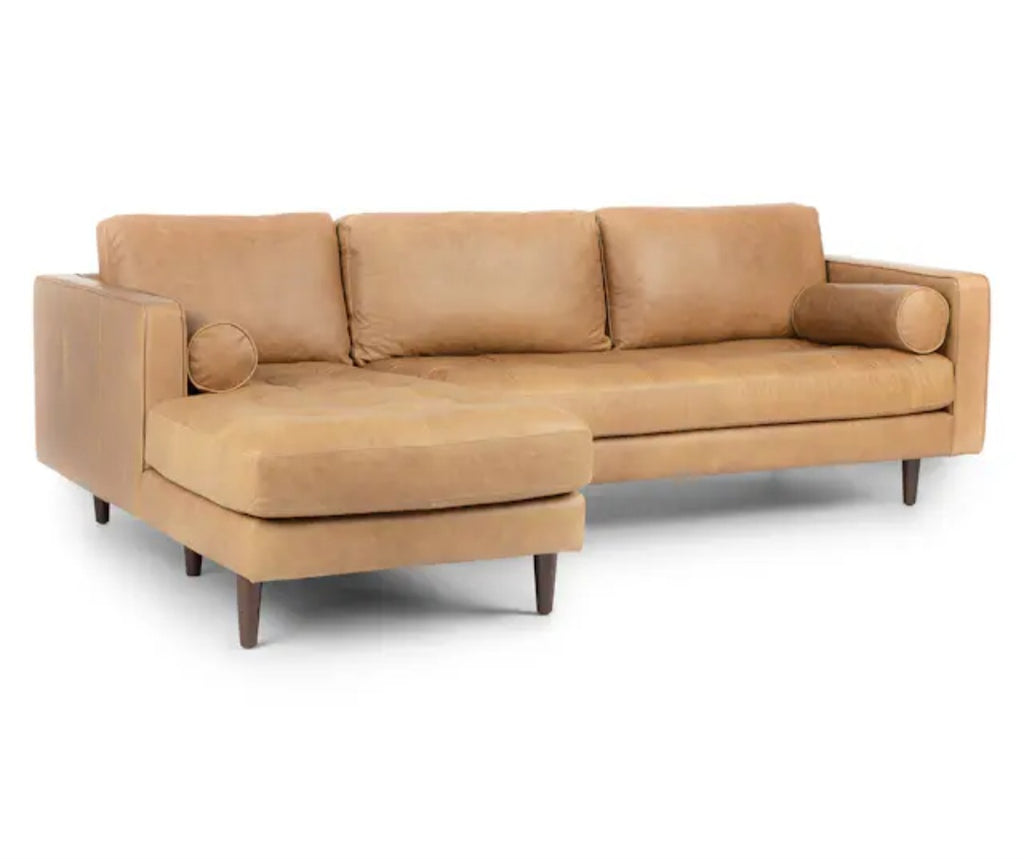 100" Top Grain Tan Leather Mid Century Modern Sofa Sectional Couch With Chaise Designer Furniture Durable New Left Orientation