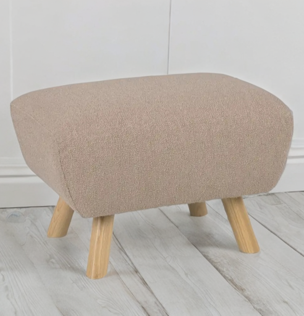 23" Sandstone Ottoman Footstool Accent Designer Boucle Upholstery Wood Base New Quality Mid Century Modern