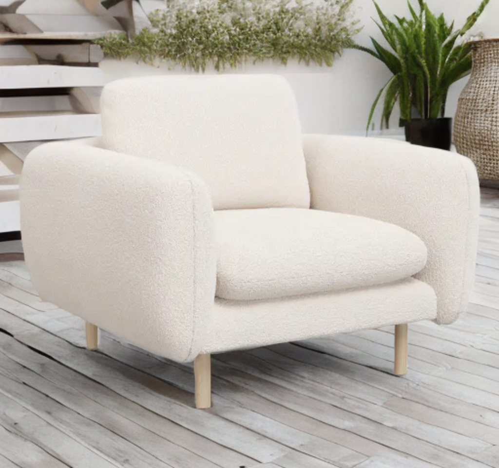 37" Ivory Boucle Lounge  Accent Club Chair Designer Boucle Upholstery Wood Base New Quality Mid Century Modern