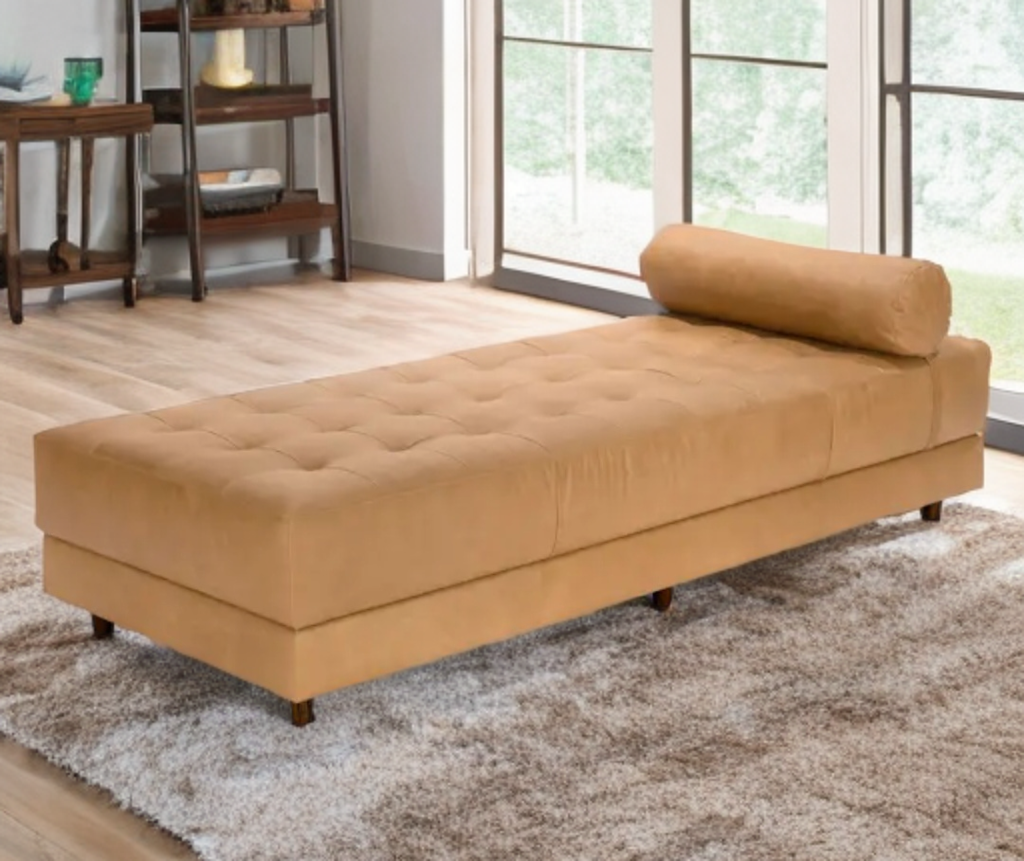 79" Genuine Top Grain Leather Chaise Sofa Bench Comfortable Tan Mid Century Modern Design Home
