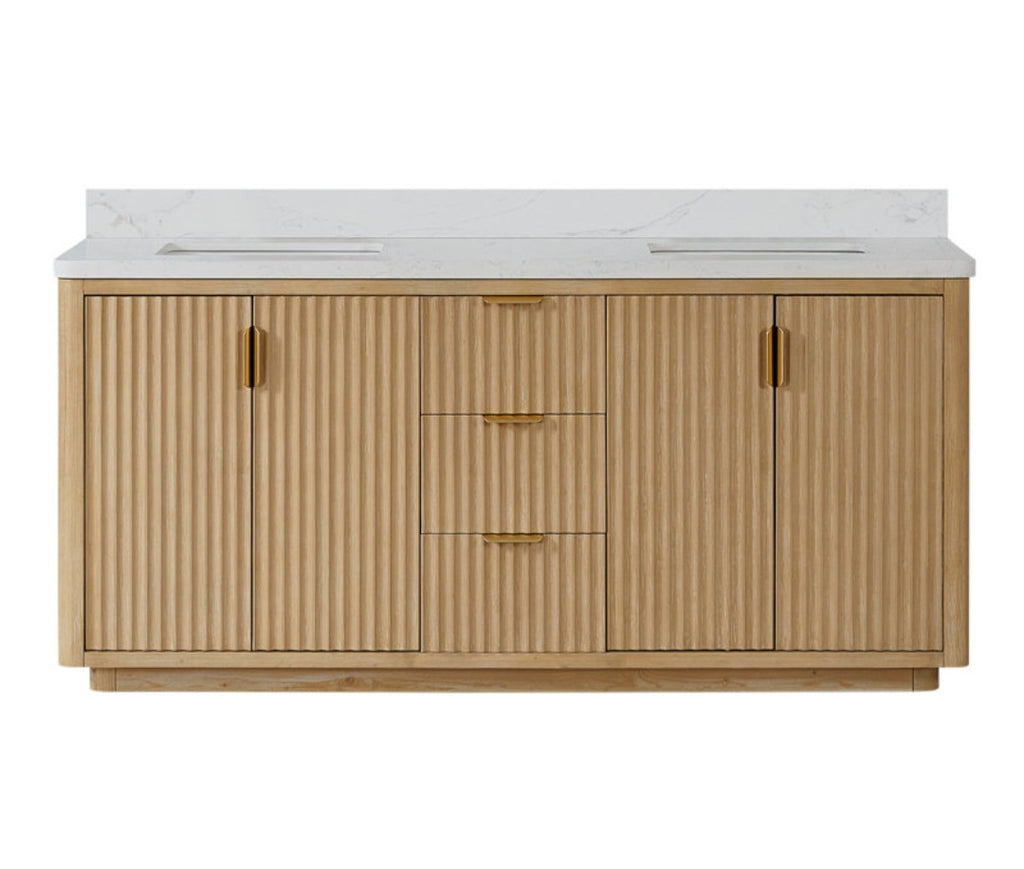 72'' Free Standing Double Bathroom Engineered Stone Gold Hardware Ample Storage Modern Design