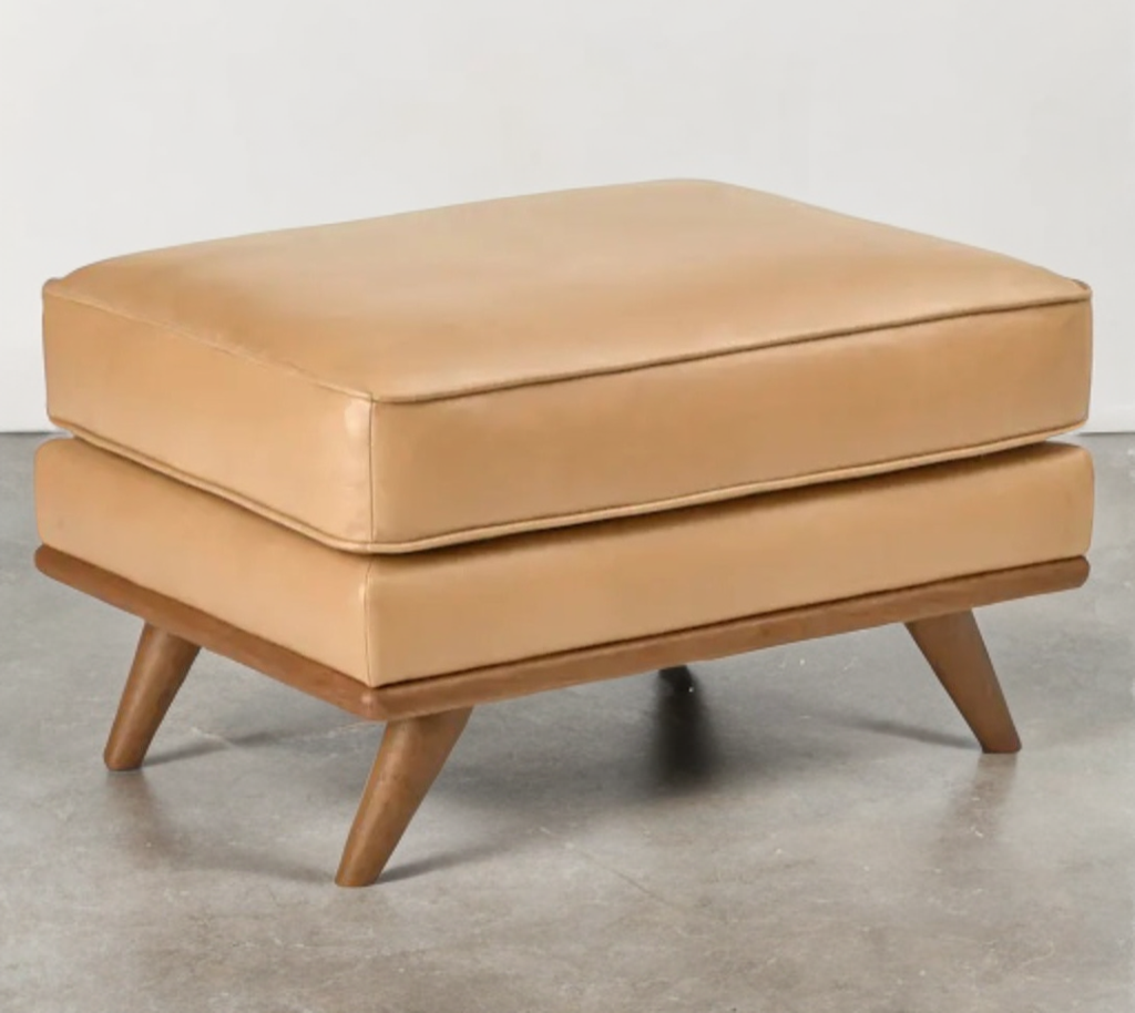 31" Charme Tan Leather Ottoman Footstool Accent Designer Plush Wood Legs New Quality Mid Century Modern