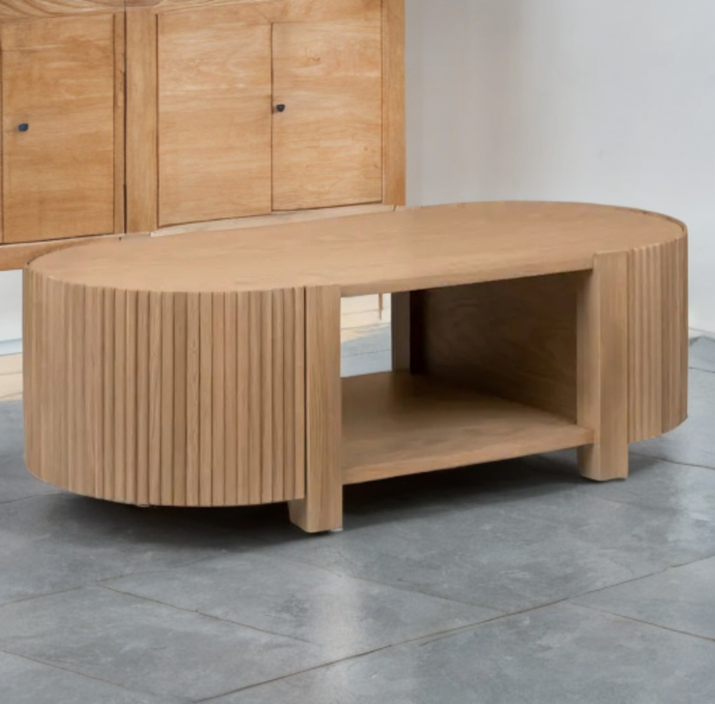 50.5" Oak Coffee Cocktail Table With Cabinet Storage New Fluted Design Ample Storage Oak Construction