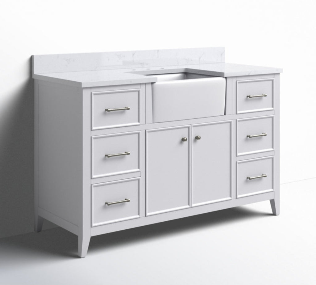 54" Bathroom Vanity White In Color Ample Storage Drawer & Cabinet Space New