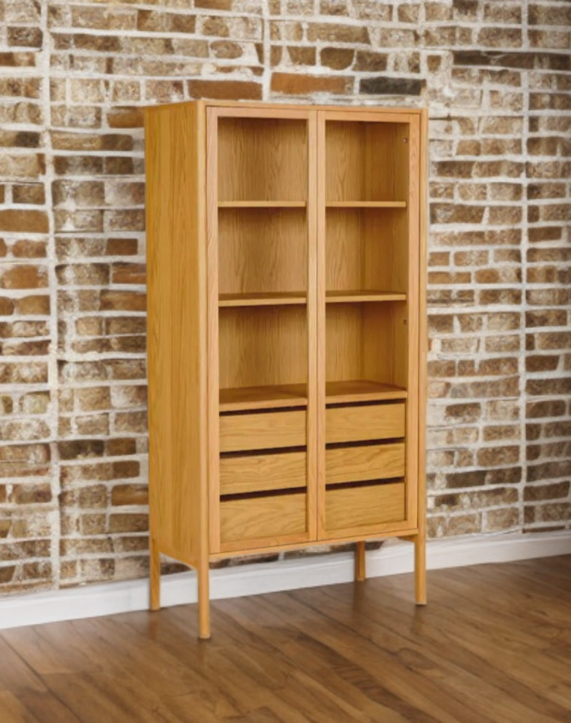 70" Oak Display Cabinet Dining Hutch With Drawer Storage New Tempered Glass Doors Wood Construction
