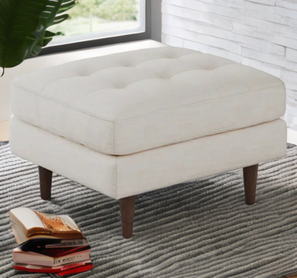 Mid Century Modern Tufted Ottoman Footstool Cream 30" Retro New Assembled Designer Home Furniture