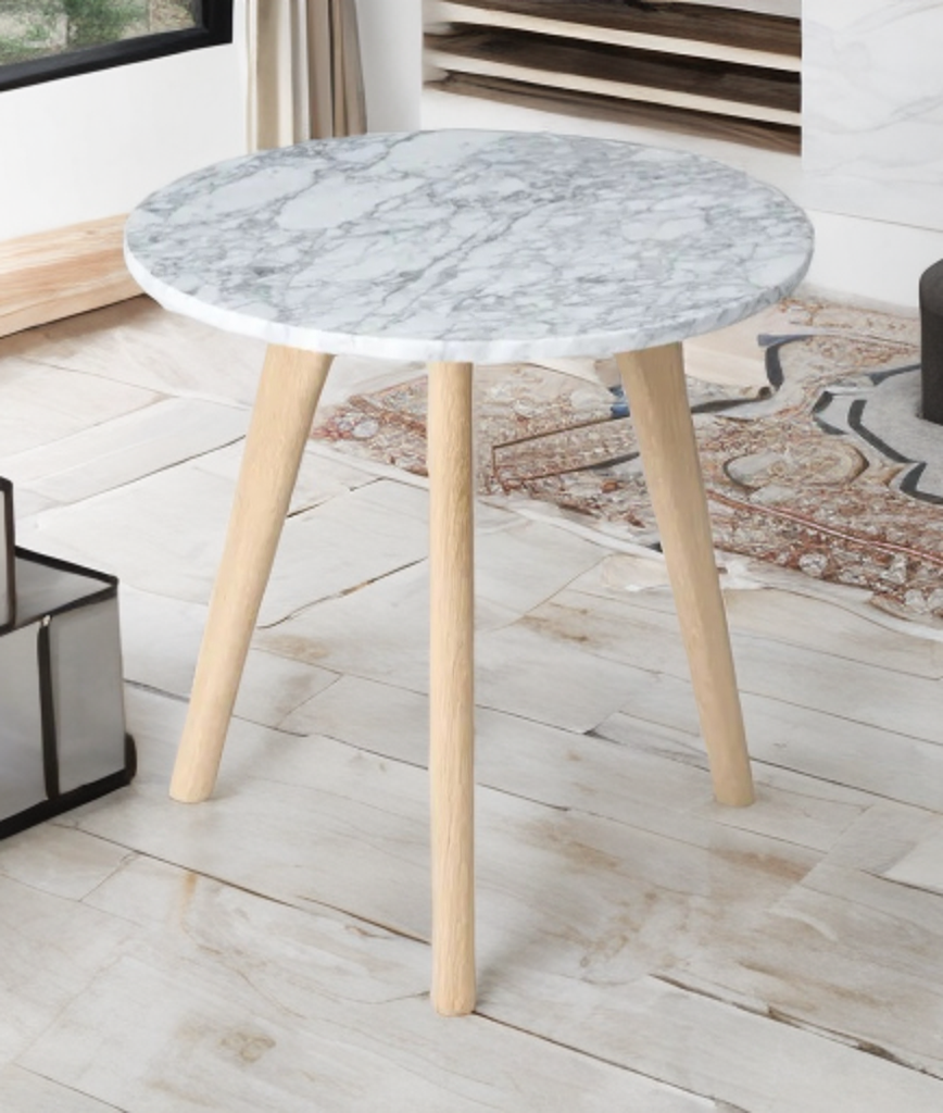 15.5" Round Accent Side Table Oak Genuine Carrara Marble New Wood Frame Quaity Furniture