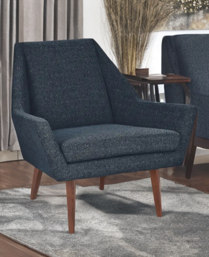 33" Upholstered Angled Accent Chair New Denim and Walnut Mid Century Modern Design Quality Comfortable
