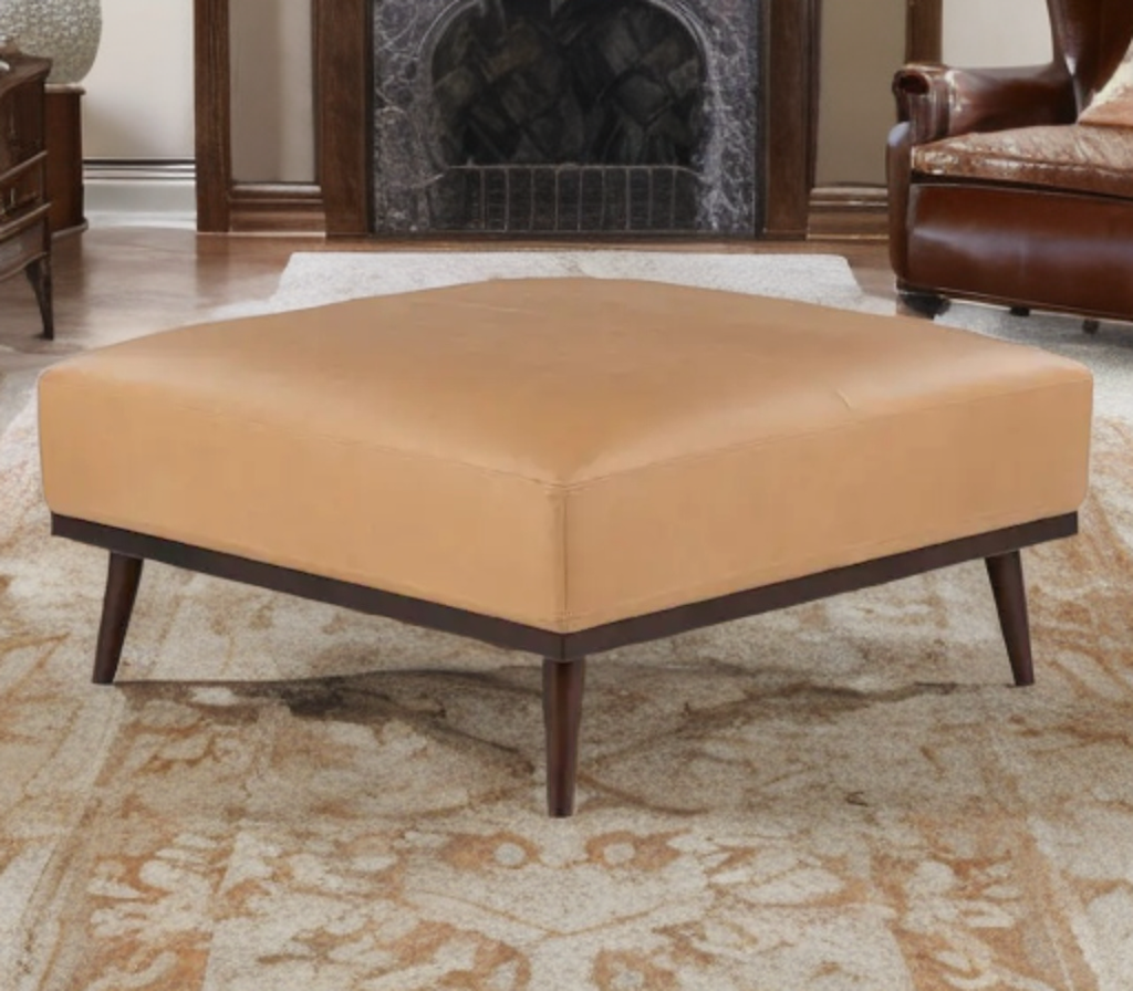 38.5" Tan Leather Ottoman Footstool Accent Designer Plush Wood Legs New Quality Mid Century Modern