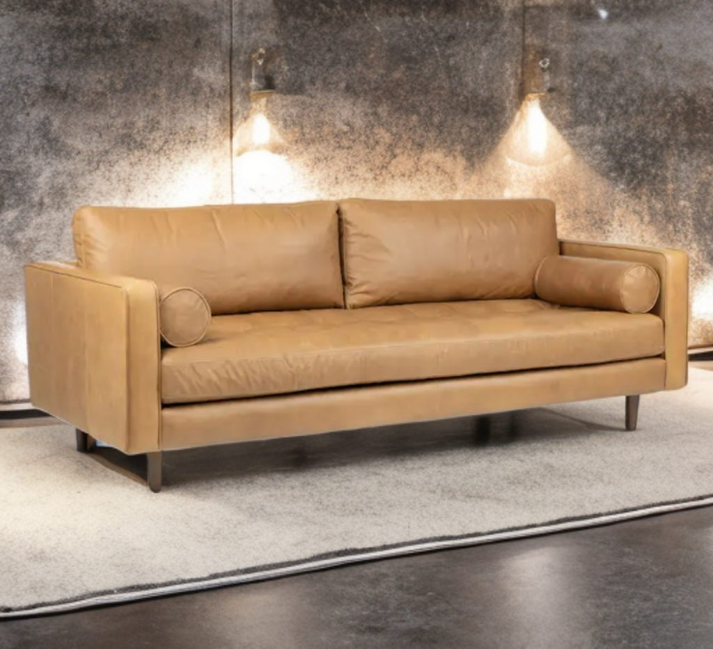 88" Top Grain Tan Leather Mid Century Modern Sofa Couch Designer Furniture Durable New Tufted Comfort