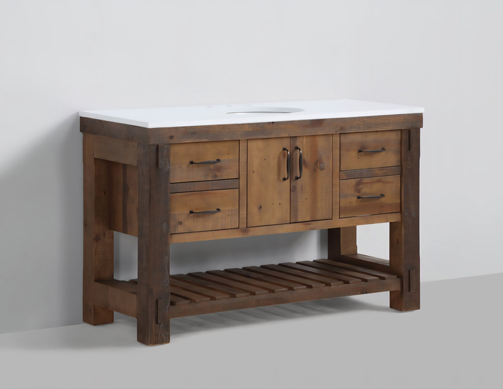 54" Bathroom Vanity Set With Solid Quartz Top Drawer Cabinet Storage Open Shelf Brand New Sink Included