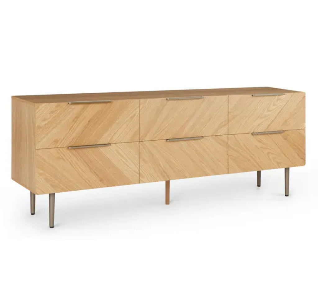 75" Wide 6 Drawer Low Profile Triple Dresser Chest Oak Finish Designer Mid Century Modern Quality New Ample Storage
