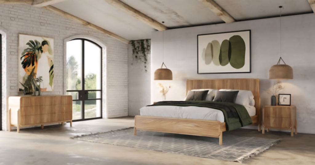 4 Piece Bedroom Suite Set Includes 6 Drawer Double Dresser / Queen Bed / Nightstand Set Natural Wirebrushed Finish Designer Mid Century Modern Quality New Ample Storage Fluted