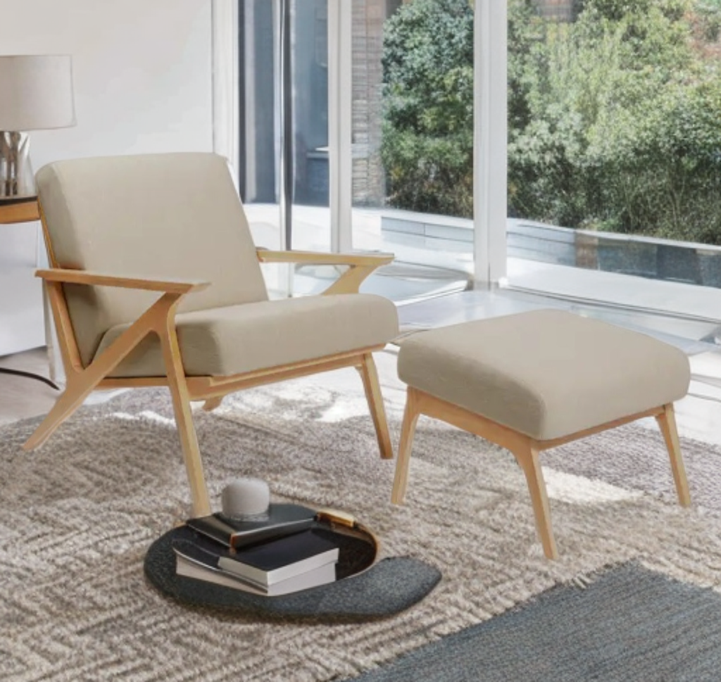 26" Nook Lounge Accent Chair Set With Ottoman Solid Oak / Taupe Designer Wood Base New Quality Mid Century Modern