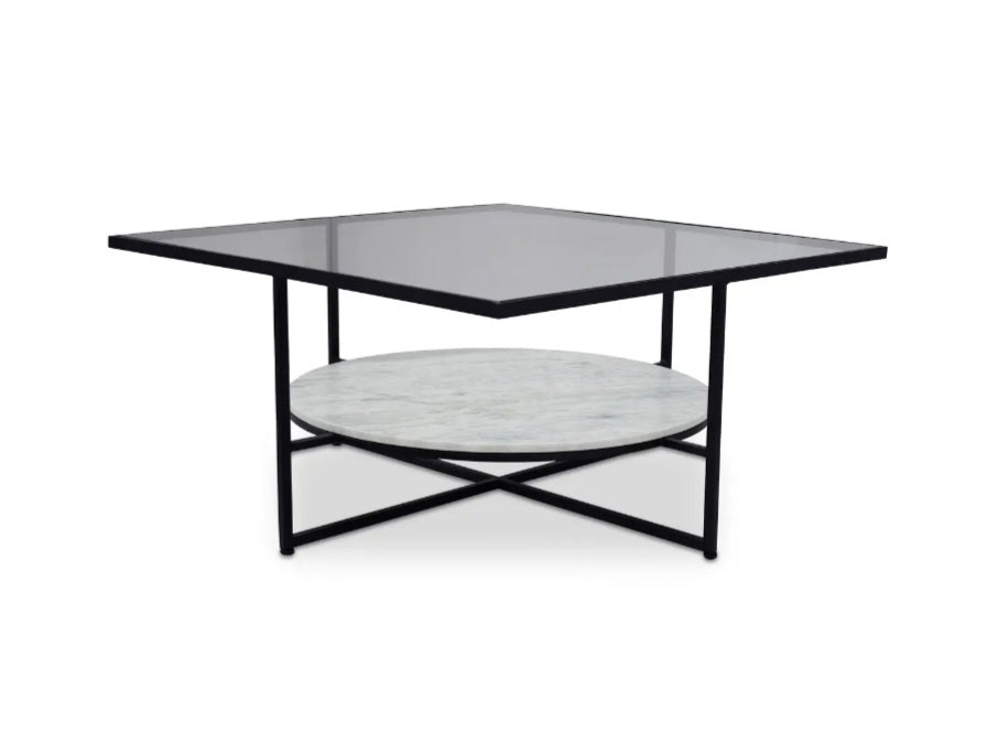 Moe's Designer 32" Black Frame Coffee / Cocktail Table New In Box Genuine Carrara Marble Modern Furniture Glass