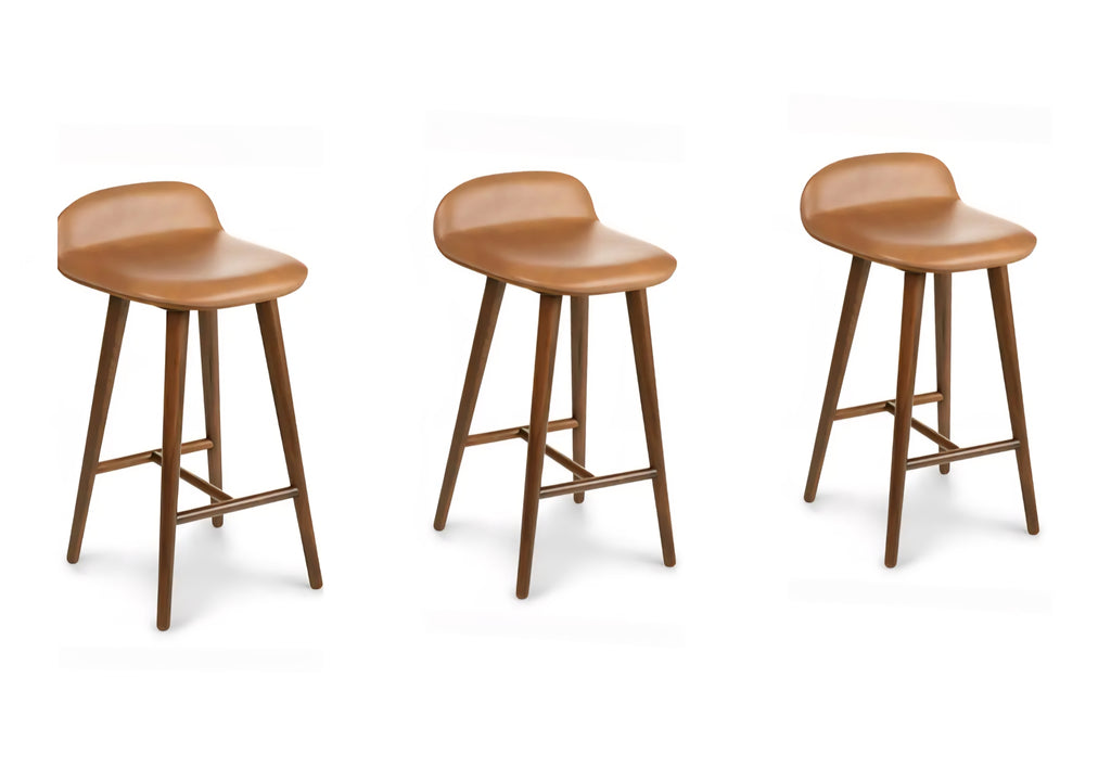 Set Of 3 Tan Leather & Walnut Counter Height Bar Stool New Designer Quality Wood Mid Century Modern