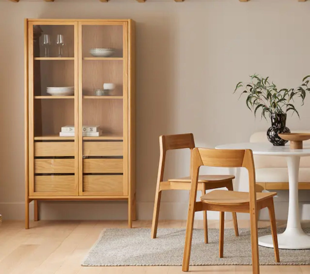 70" Oak Display Cabinet Dining Hutch With Drawer Storage New In Box Tempered Glass Doors Wood Construction