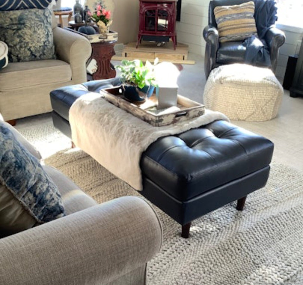 56" Black Oxford Leather Bench Ottoman Footstool Tufted Detail Quality Mid Century Modern New