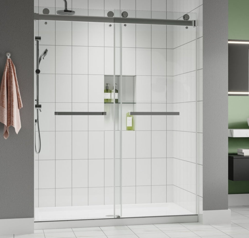 Brushed Nickel 56"- 60" x 76" Double Sliding Frameless Glass Shower Door New In Box Bathroom