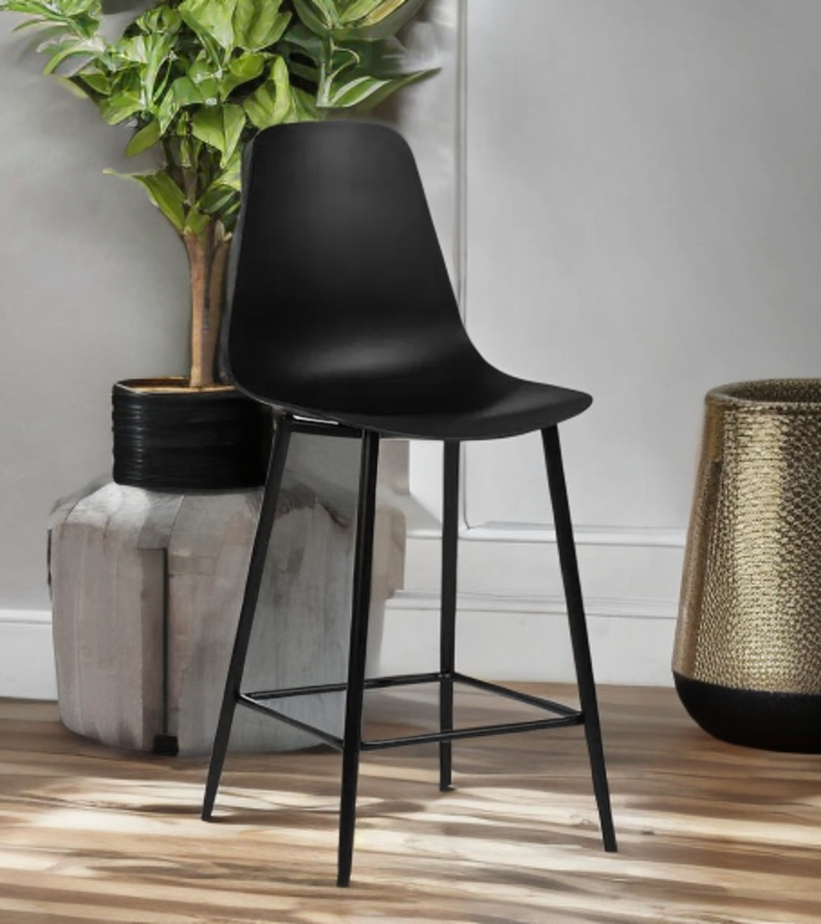 Set of 2 Pure Black Counter Height Stools New In Box Designer Quaity Comfortable Indoor / Outdoor Mid Century Modern
