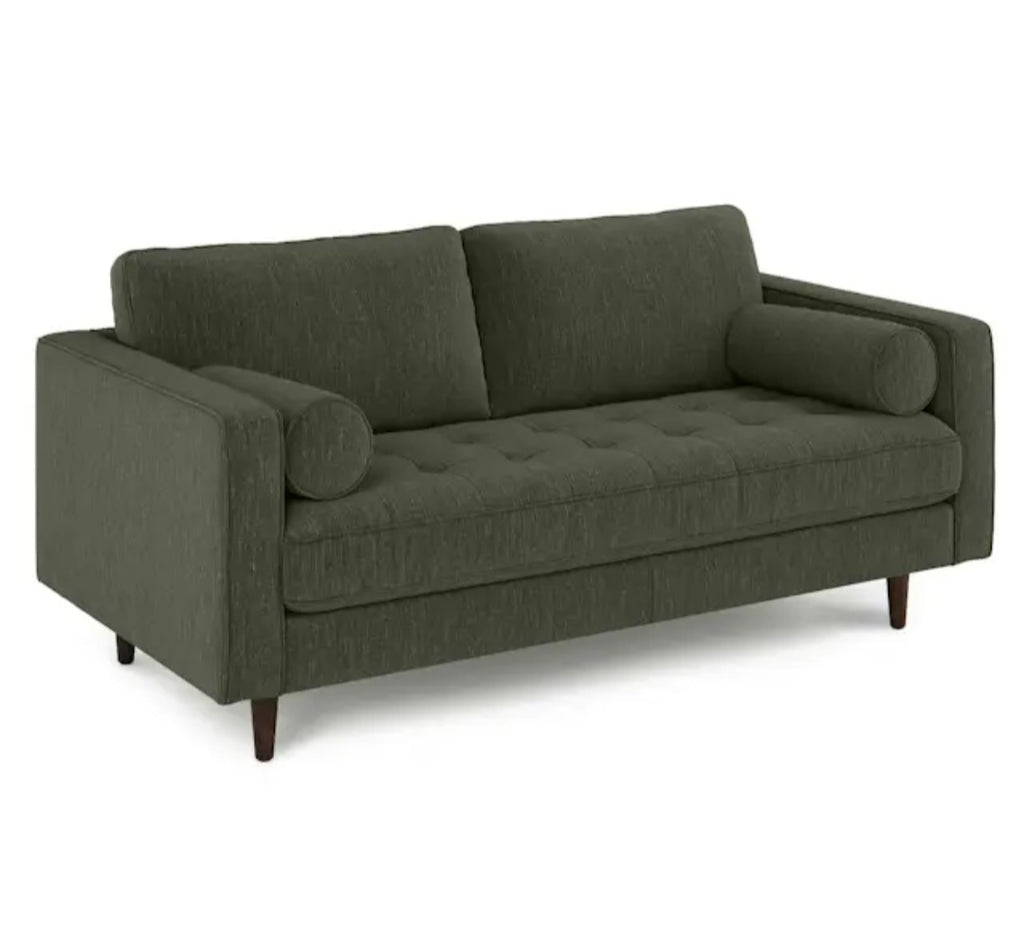 72" Upholstered Loveseat Sofa Couch Tufted Detail Quality Plush Mid Century Modern Fir Green New With Bolster Pillows