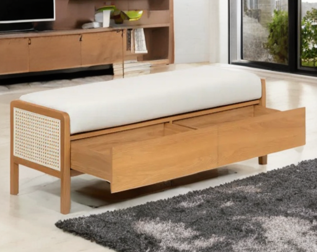 57" Oak Wood Storage Bench Ottoman Rattan / Cane Accent Quality 2 Drawer New Fully Assembled Vintage White