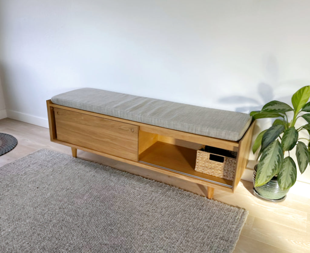 55.5" Oak Wood Storage Bench Ottoman Quality Cabinet Shelf Storage New Fully Assembled Gray