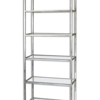 Uttermost Iron Geometric Silver Finished Bookshelf New In Box Quality Durable 83 x 30 Glass Shelves