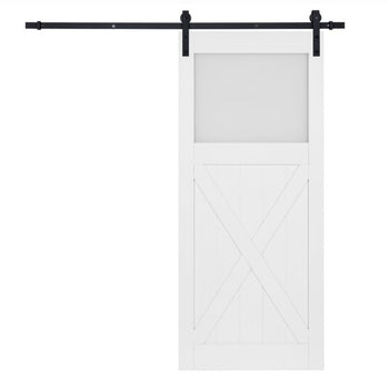 36 x 84 Glass X Design Sliding Barn Door New In Box White With Install Kit Black Finish Contemporary